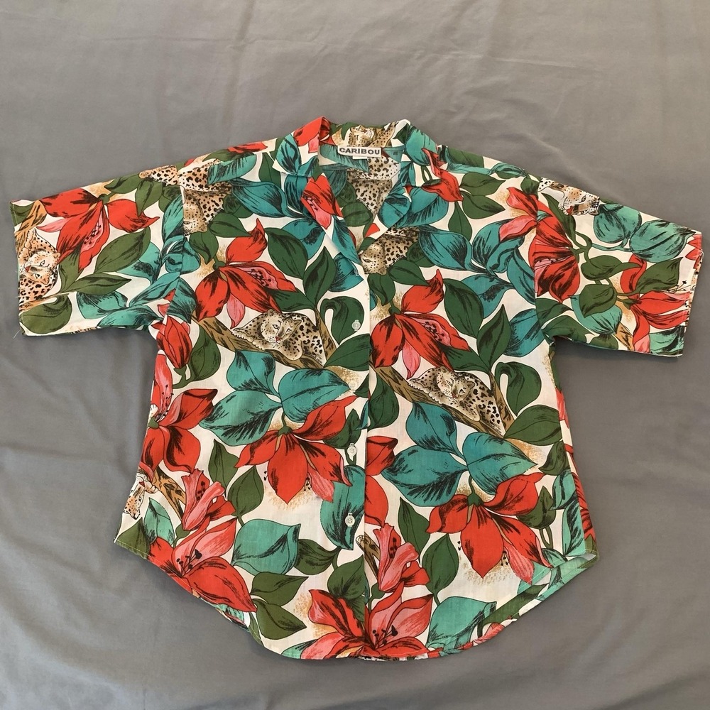 Caribou Shirt Woman's 8 Floral Leopard Hawaiian Short Sleeve Button Front Beach